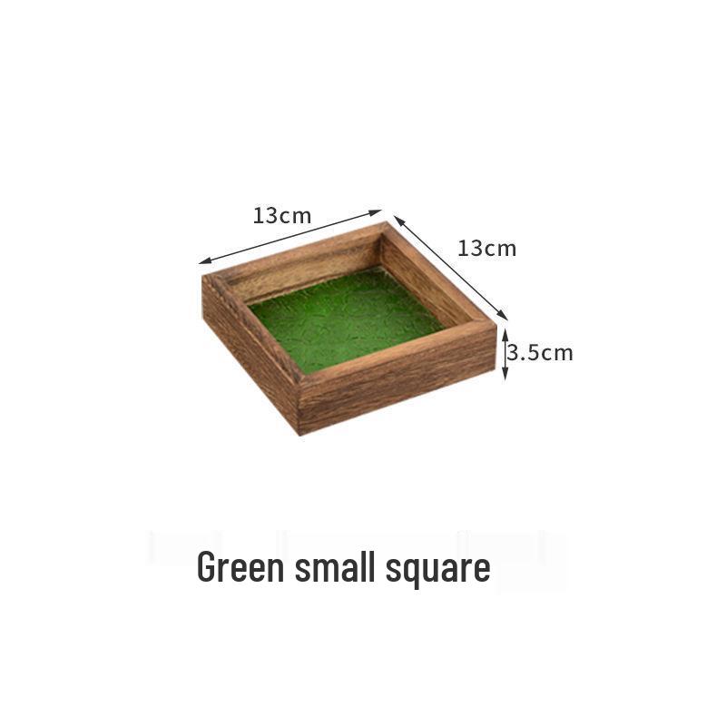 Retro Green Glass & Wood Frame Begonia Flower Tea Tray for Coffee & Snacks