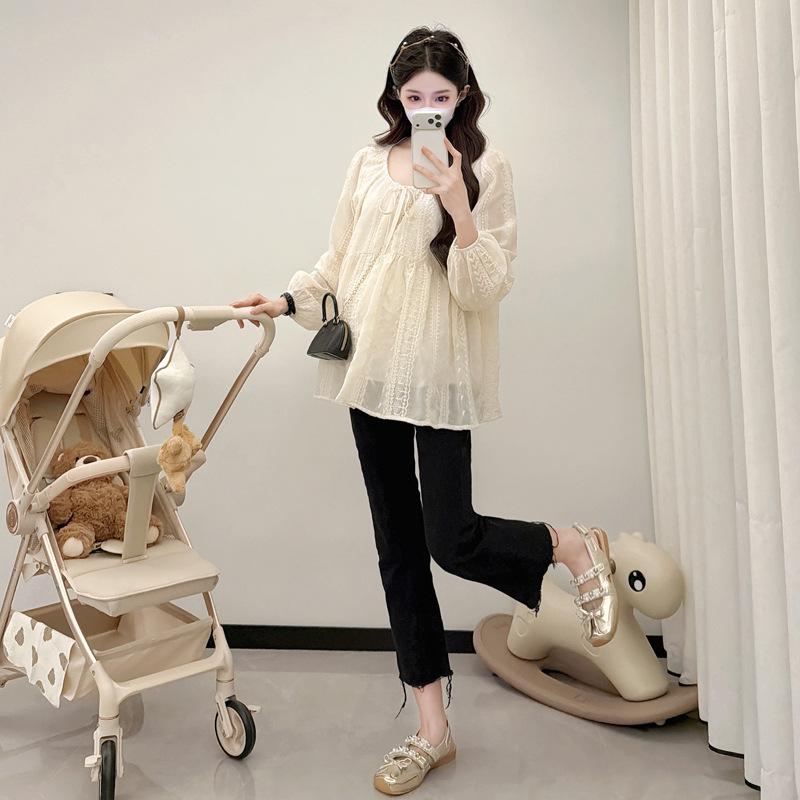 

Spring/Autumn 2026 Korean Style V-Neck Versatile Maternity Doll Shirt - Long Sleeve, Age-Reducing Fashion Top M абрикосовый