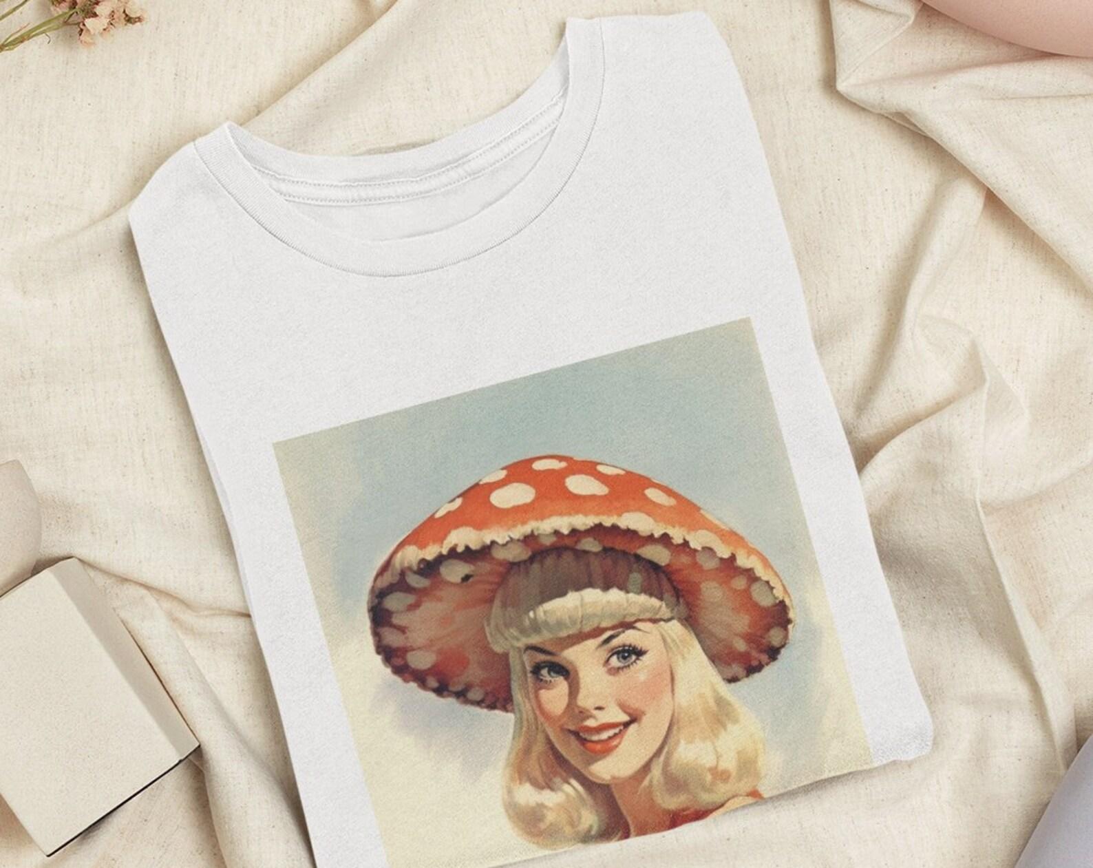 Vintage Mushroom Girl T-Shirt: Trippy Fungi Graphic Tee 2XL