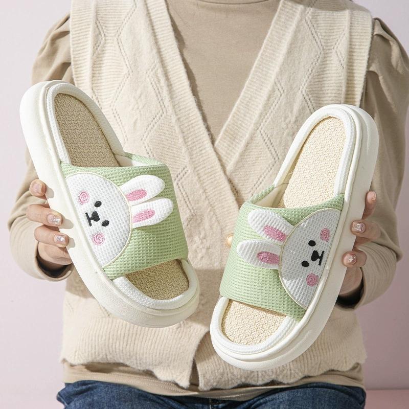 Fashion Cute Cartoon Rabbit House Slippers Women Spring Autumn Soft Anti Slip Linen Slippers for Woman Mix Color Platform Slides Mujer