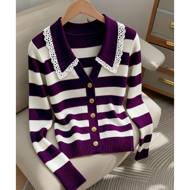 Women's Clothing Elegant Fashion lace Striped Knit Cardigan Autumn Winter New Sweet All-match V-neck Sweaters Lady Long Sleeve Tops