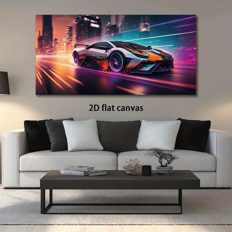 1 piece of cyberpunk style sports car, city night view canvas painting, modern living room decoration painting, high-definition