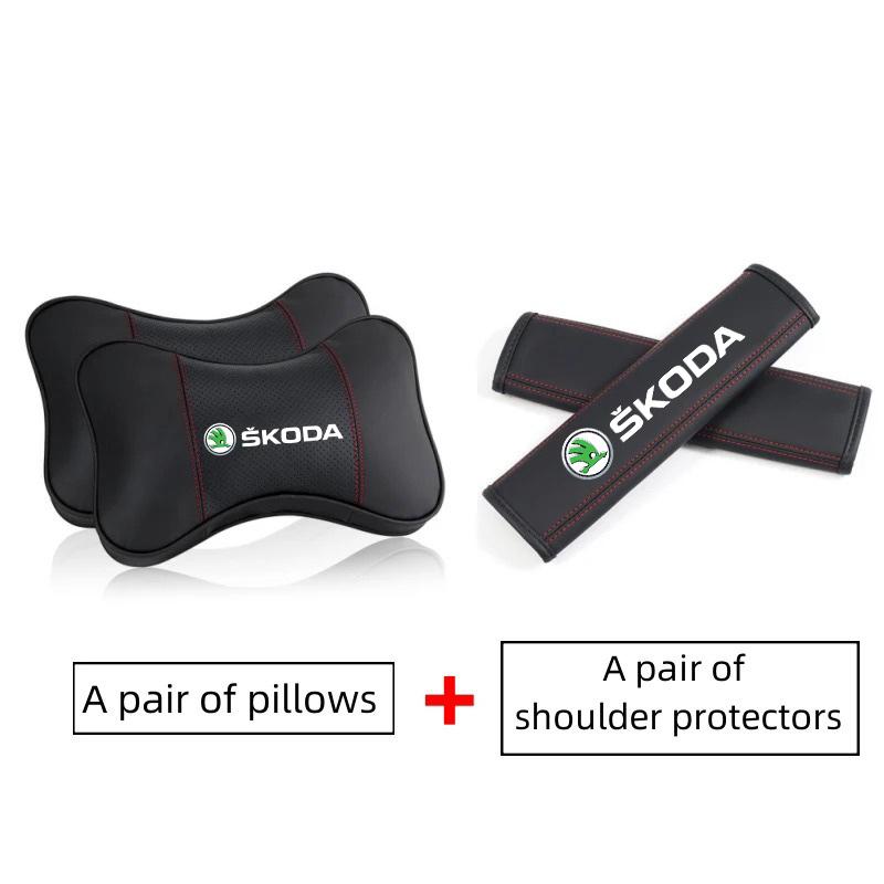 AAAAM1 Leather Car Headrest Neck Pillow Seat Belt Shoulder Pad For Skoda Octavia Superb Rapid Kodiaq Karoq Fabia Kamiq Roomster Citigo