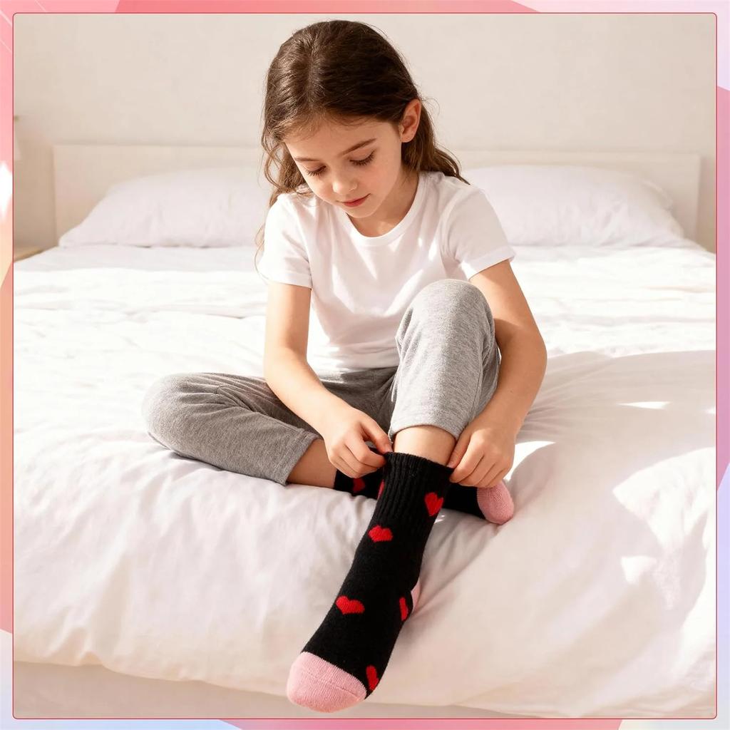 A Pack Of 5 Pairs Of Cute Heart-patterned Cotton Socks For Girls, Seamless Mid Calf Athletic Socks, Suitable For Children Aged 9-12.