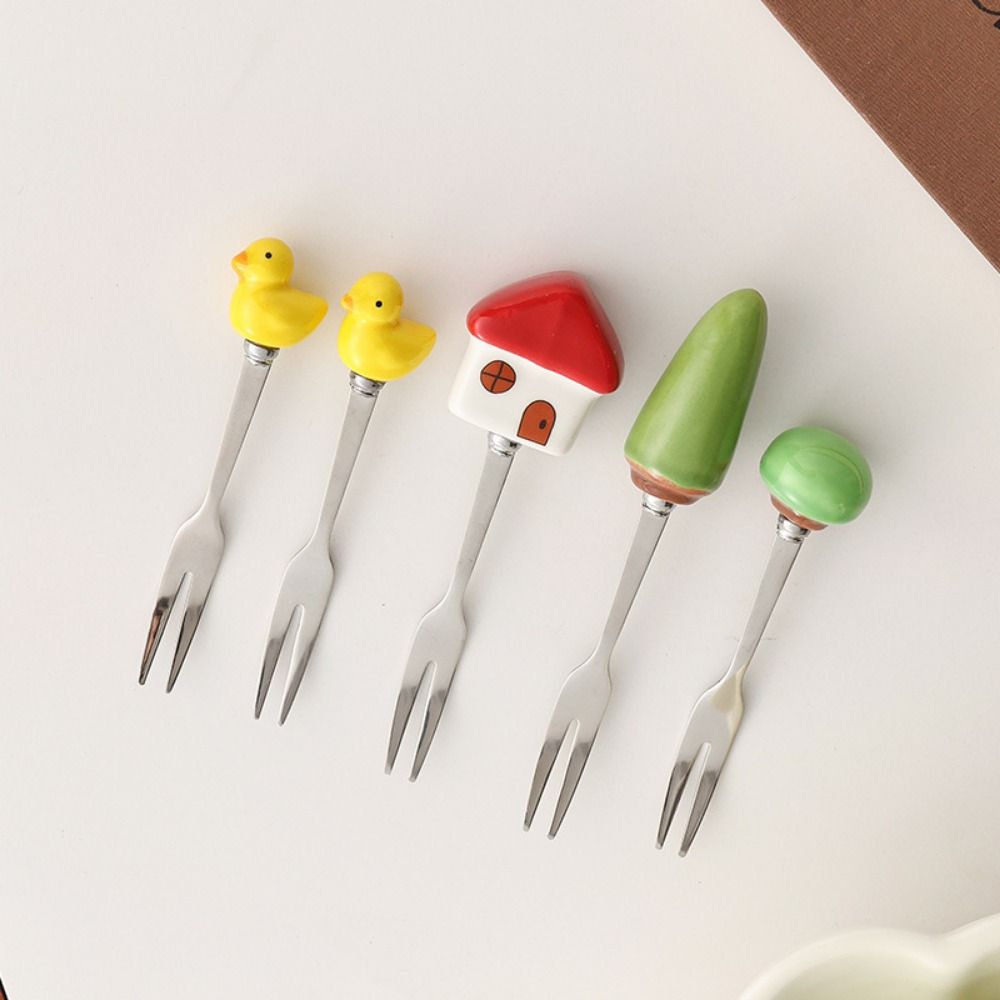 6Pcs Creative Stainless Steel Cake Fork Reusable Cute Fruit Forks Coffee Stirring