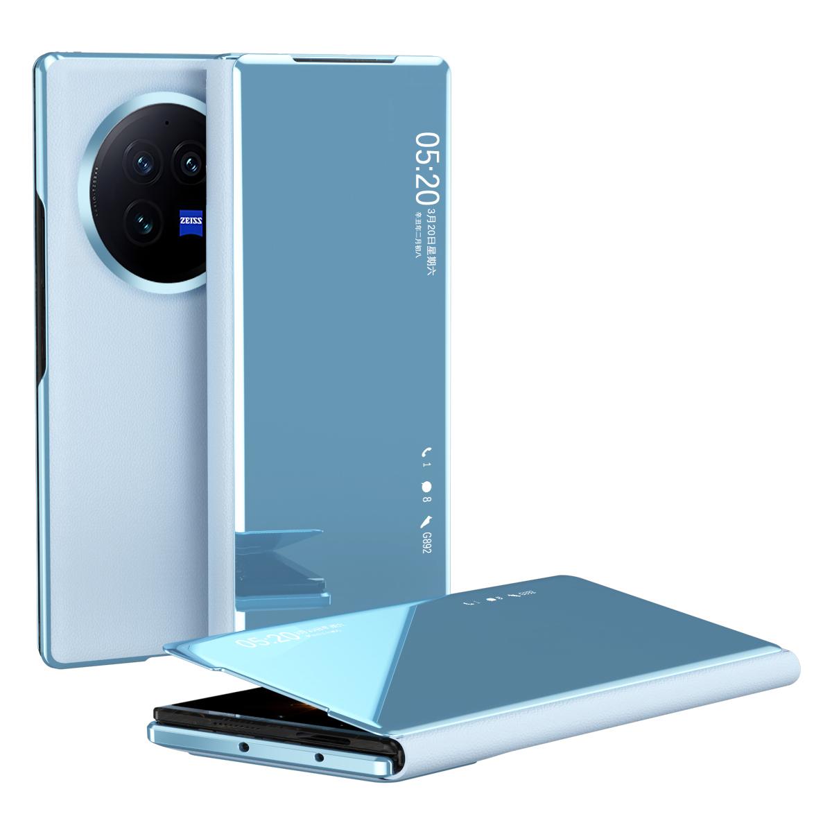 

For vivo X Fold3 Leather Case Mirror Surface Electroplating Phone Cover with View Window Blue