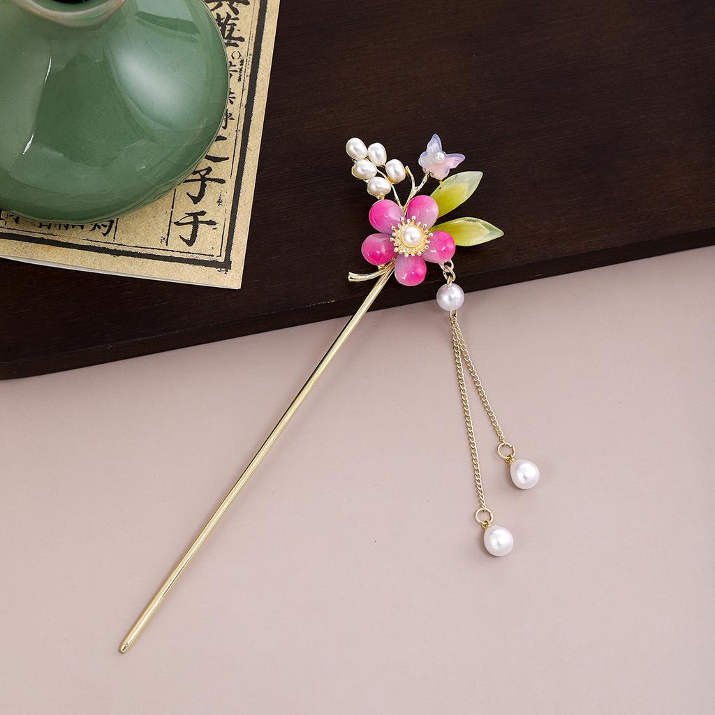 New Chinese Leaf Tassel Tassel Ancient Style Hairpin Simple Court Style Flower Butterfly Pearl Hanfu Hairpin Female