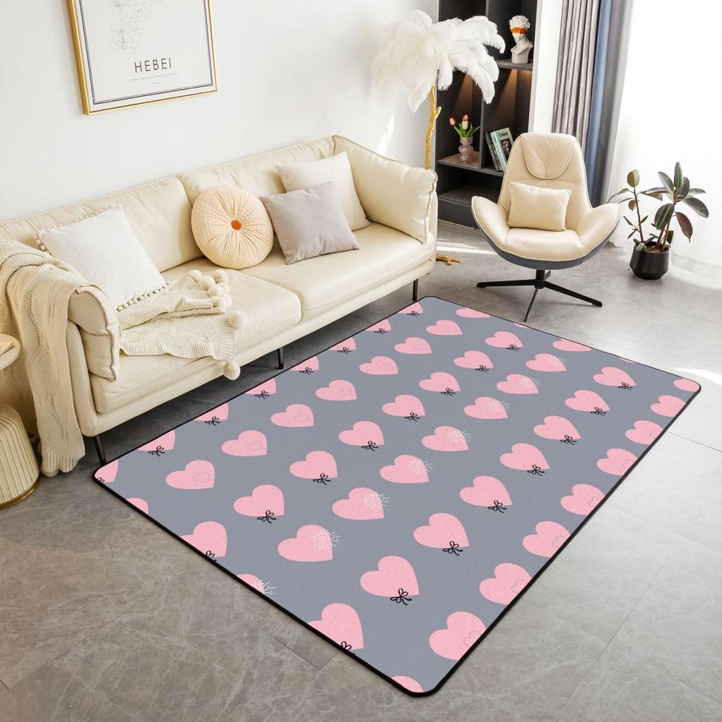 Cute Heart 3x5 Area Rug Cartoon Bow Knot Rugs for Living Room | Colorful Romantic Pink Fantasy Washable Rug,Valentine's Day Theme Love Heart