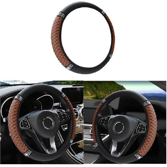 Bling Soft Leather Steering Wheel Cover, 15 Inch Colorful Rhinestones Auto Elastic Steering Wheel Protector, Sparkly Crystal Diamond For Women Girls,