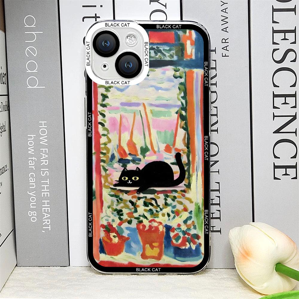 Retro Oil Painting Van-Gogh Flower Art Cat Phone Case for IPhone 16 15 11 13 12 Mini 14 Pro Max 7 8Plus SE X XS Soft Cover Shell