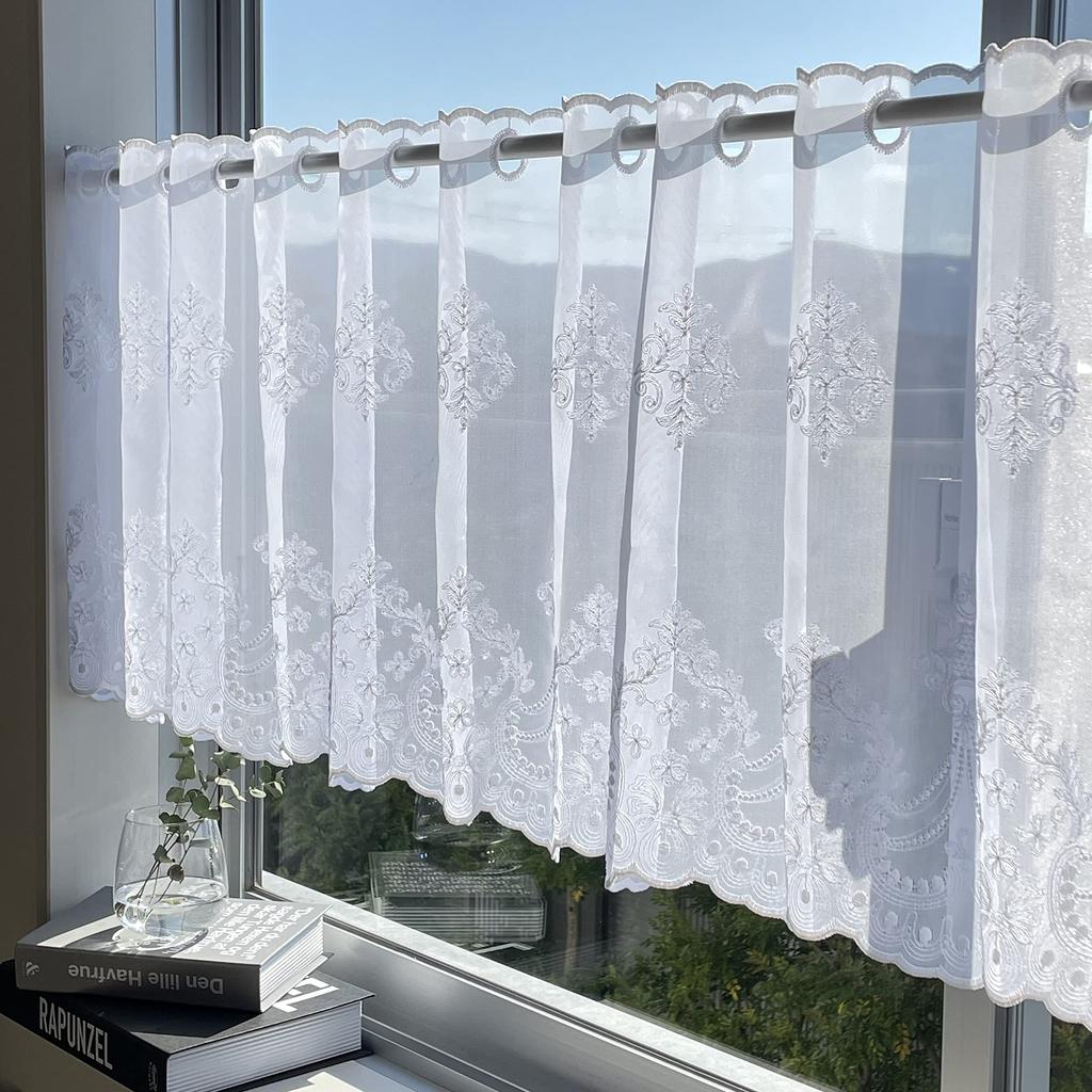 INTERIX Embroidered Lace Cafe Curtain for Small 165cm Wide x 45cm Made in Freesia Windows, Long, Japan, White, CF4-165-45