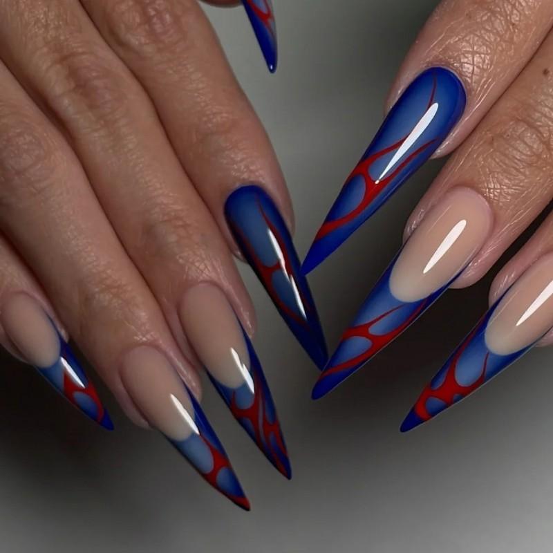 

Long Pointed Fake Nail Art Pieces French Blue Wearable European American Red Flame Pattern Finished Product