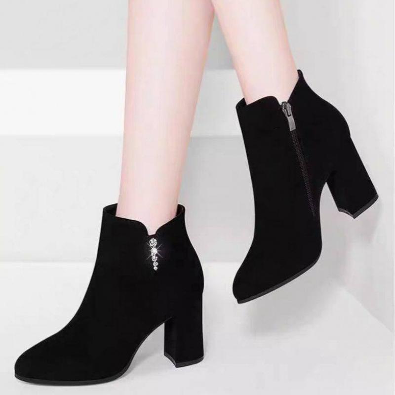 All soft leather medium boots retro medium heel square head thin boots soft leather thick heel short boots Martin boots