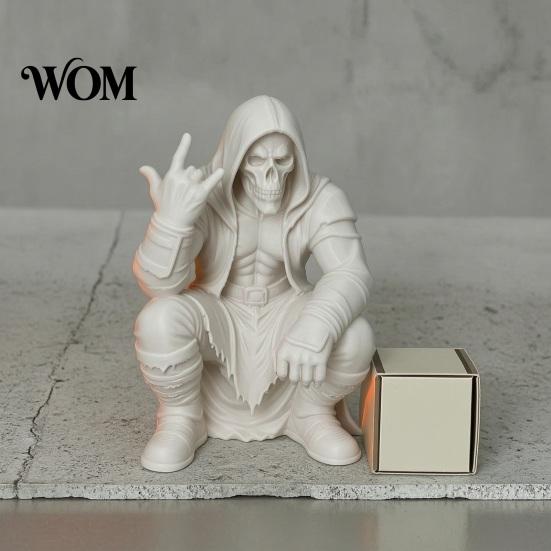 Unique Desktop Sculpture Crouching Hooded Devil God Figurine, Decorative Ornament with Skull Mask & Muscle Lines, Hip Figure Hop Gothic Rocker Statue