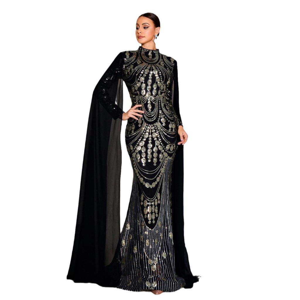 Elegantes grenzüberschreitendes Pailletten-Abendkleid mit langen Ärmeln für Damen