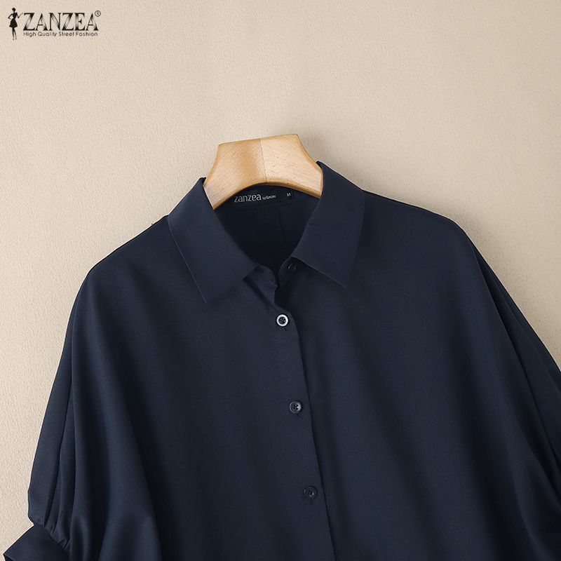 ZANZEA Women Casual Turn Down Collar Loose Half Sleeve Irregular Blouse