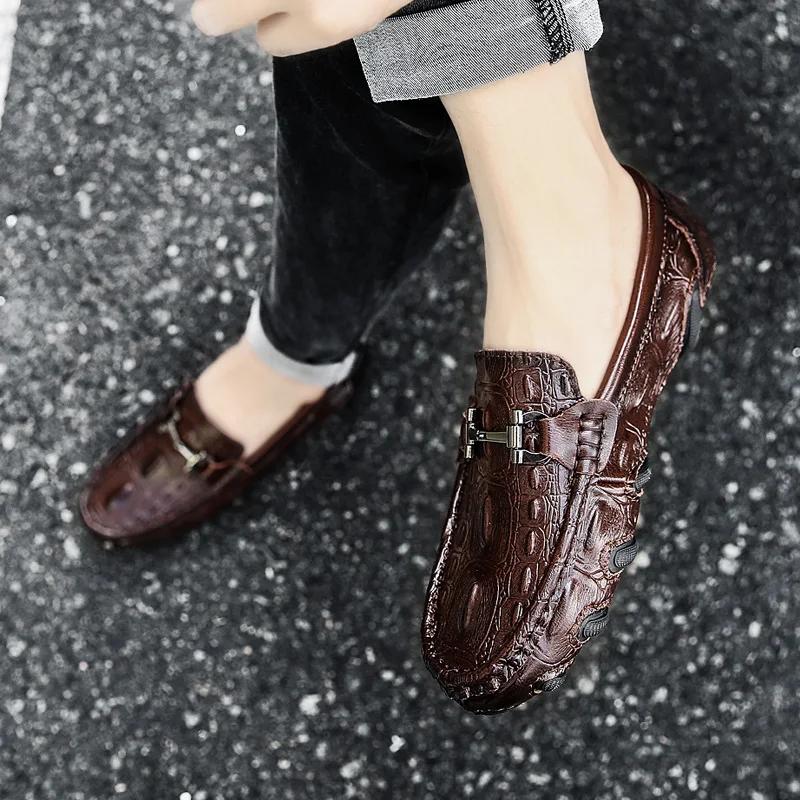 Fashion Men Casual Shoes Genuine Leather Crocodile Style Luxury Brand Mens Loafers Moccasins Slip On Black Driving Shoes Plus Size 38-47