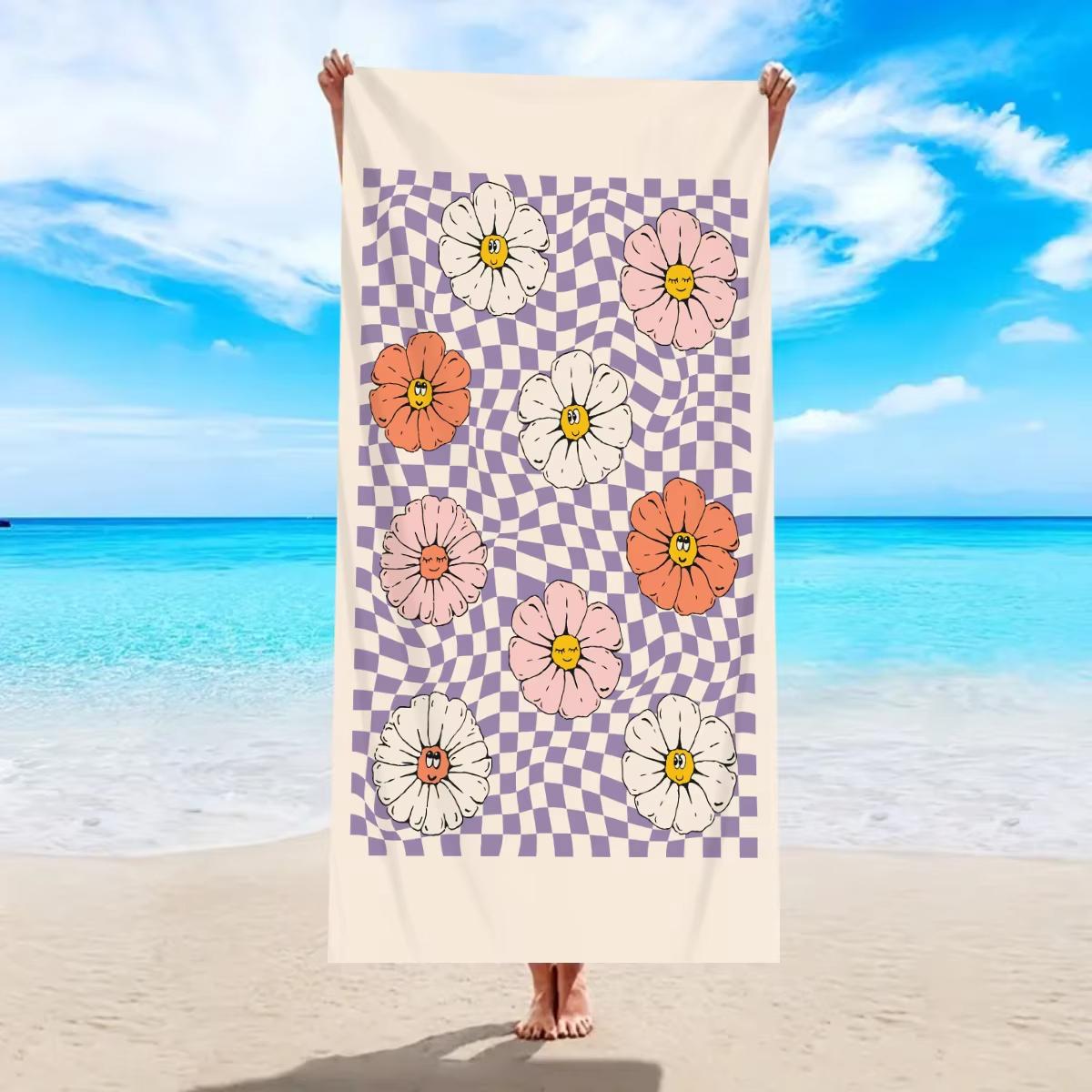 

Fun Smiley Flower Polyester Beach Towel, 2D Printed, Quick-Dry Lightweight, All-Season Unisex, Ideal for Beach/Surfing/Camping W40*H60(CM)