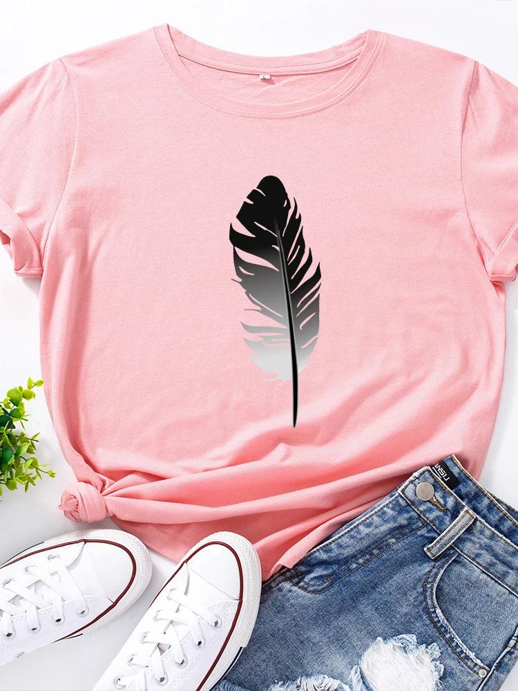 Black Feather Print T Shirt Women Short Sleeve O Neck Loose Tshirt Summer Women Tee Shirt Tops Camisetas Mujer
