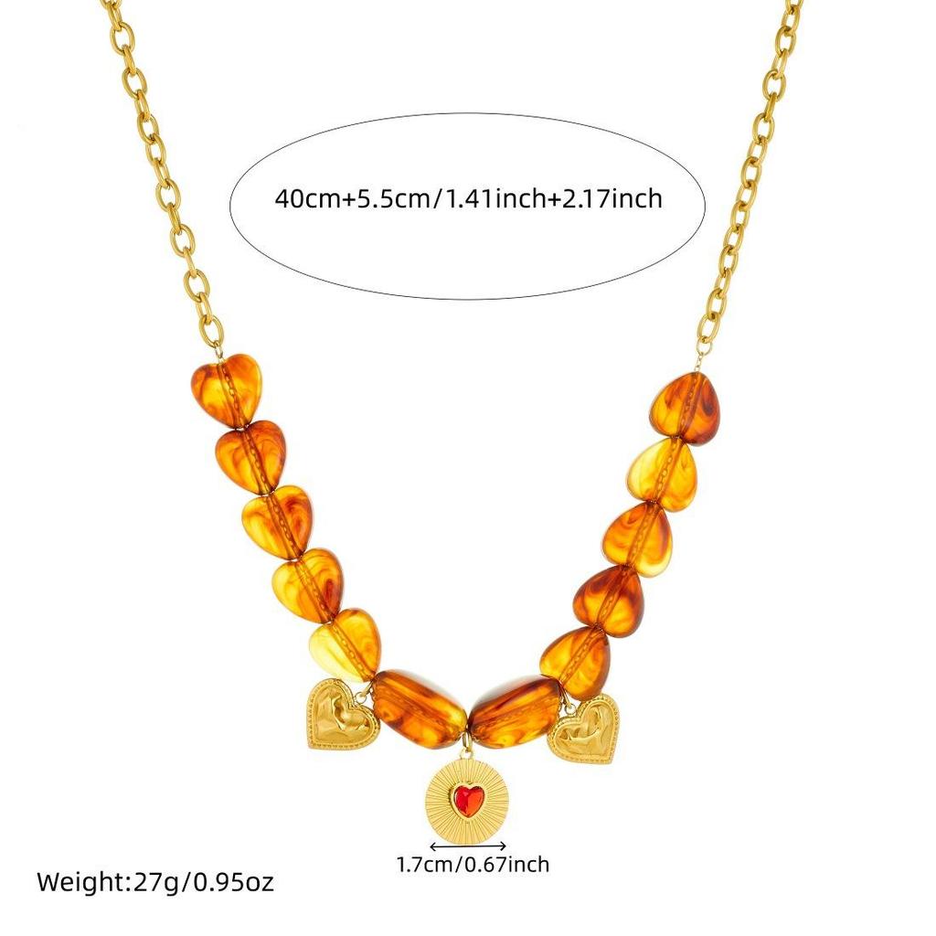 Stylish Geometric Resin Beaded Chain with Gold-Plated Inlaid Diamond Heart Pendant Jewelry Set