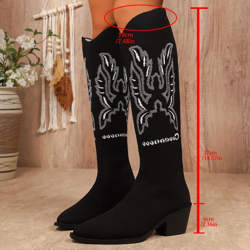 Fashion 2025 New Retro Embroidery Low Heels Western Boots for Women Autumn Pointed Toe Cowboy Boots Woman Suede Knight Boots Plus Size