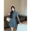 Jesień Zima Wysoki Kołnierz Jednolity Elegancki Modny Mini Sukienka w Talii Kobiety Długi Rękaw Uniwersalna Podstawa Szata Vestidos