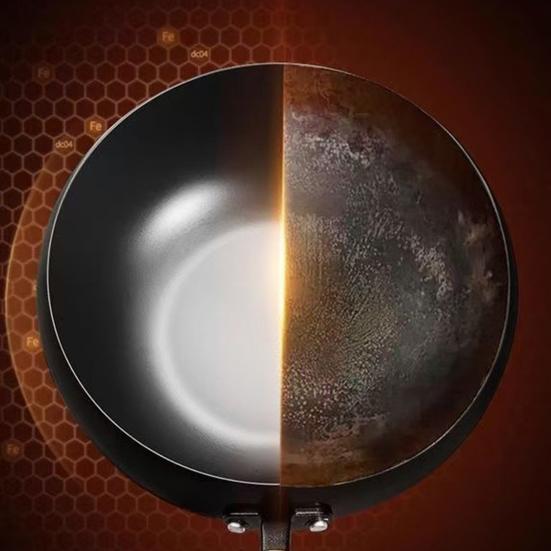 Traditional Wok Hammered Iron Pan with Non-Stick Coating Wooden Handle Frying Pan