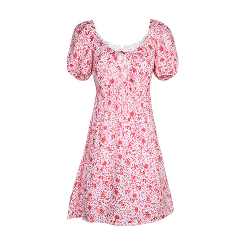 Amazon Independent Station Summer New Products European and American Sweet and Spicy Women's Clothing Bubble Sleeves Floral Splicing Dress