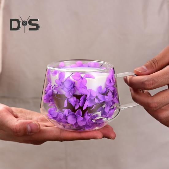 200ML Clear Glass Mug Double Wall Insulated Cup with Handle Aesthetic Dehydrated Flower Design Heat Preserving Tumbler for Coffee Tea