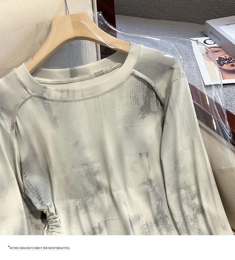 Tie-Dye Women's Irregular Long Sleeve Drawstring Slimming T-Shirt - Korean Style for Spring/Autumn 2025