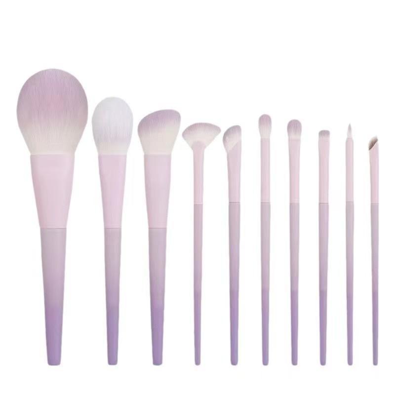 Professional 10PCS Makeup Brush Set Pink-Purple Gradient Handle Soft Synthetic Bristles for Full Face Cosmetic Application