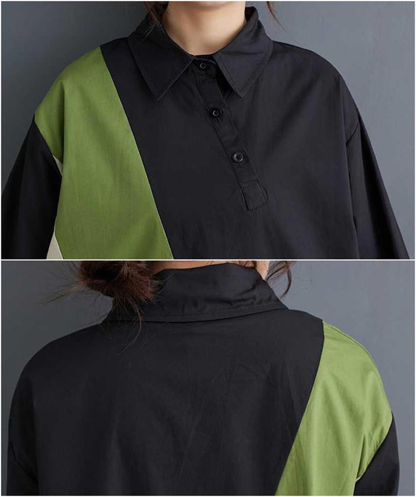 Long Long Flattering with Perfect for and Winter One Size Fits [Mouhoukyo] Women's Dress, Midi-Length, Patchwork, Sleeves, Tunic, Collared, Pockets,