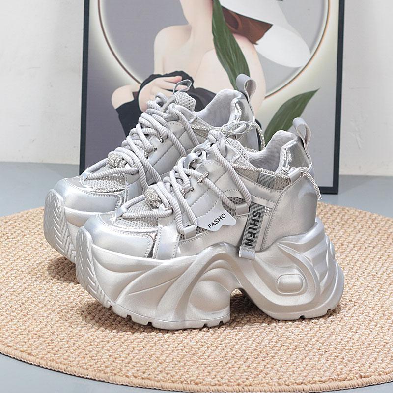 Fashion 12CM Genuine Leather Flats Lace Up Fashion Women Spring Autumn Platform Wedge Flats Shoes Chunky Sneaker Vulcanize