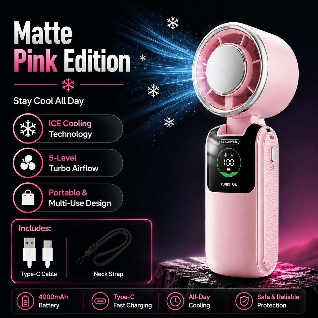 Ice Cooling Portable Neck Fan, 5-Speed Turbo Wind Foldable Hands Free Cooler, 4000mAh 9H Battery Travel Outdoor