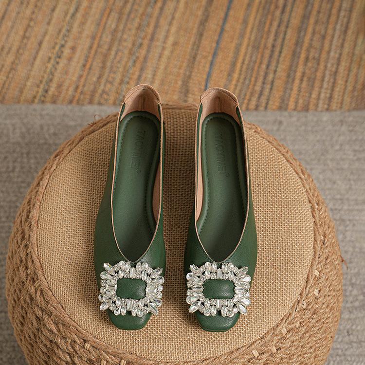 Удобные туфли Bean с плоской подошвой и квадратным носком, пряжкой Water Diamond 41 зелёный