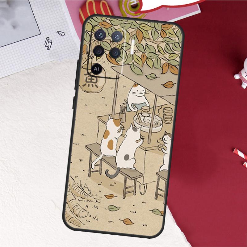 Japanese Cat Drink Pattern Case For Oppo A17 A57 A77 A74 A54 A94 A78 A98 A18 A60 A80 A40 A38 A58 A96 A76 A16 A15 A5 Pro