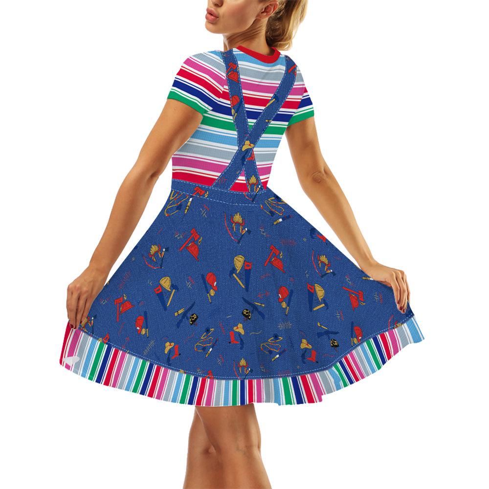 Halloween Anime Dibujos Animados Estampado Vestido para Mujer Señora Cuello Redondo Manga Corta Falda para Fiesta Cosplay Disfraz