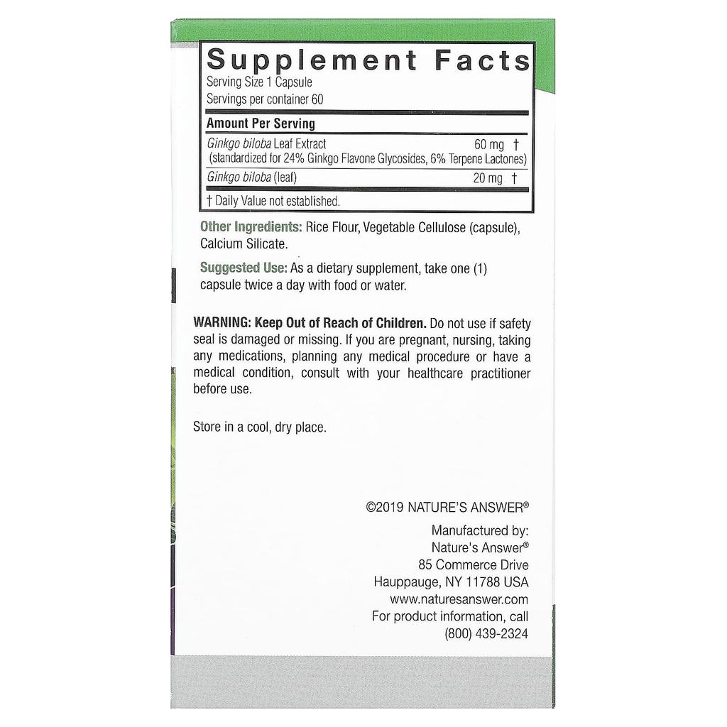 Nature'S Answer, Standardized Ginkgo, 80Mg, 60 Veggie Caps