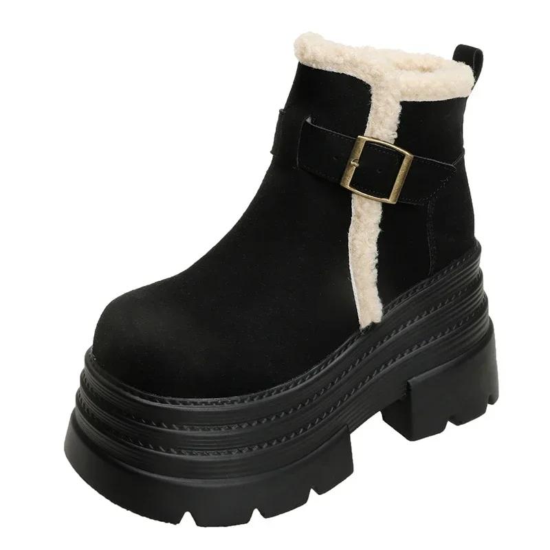 

Мода 10 см Новые Зимние Женские Теплые Снежные Ботинки Уличные Плюшевые Ботильоны Нескользящие Массивные Кожаные Кроссовки Пряжка Короткие Меховые Ботинки Женские 34 чёрный