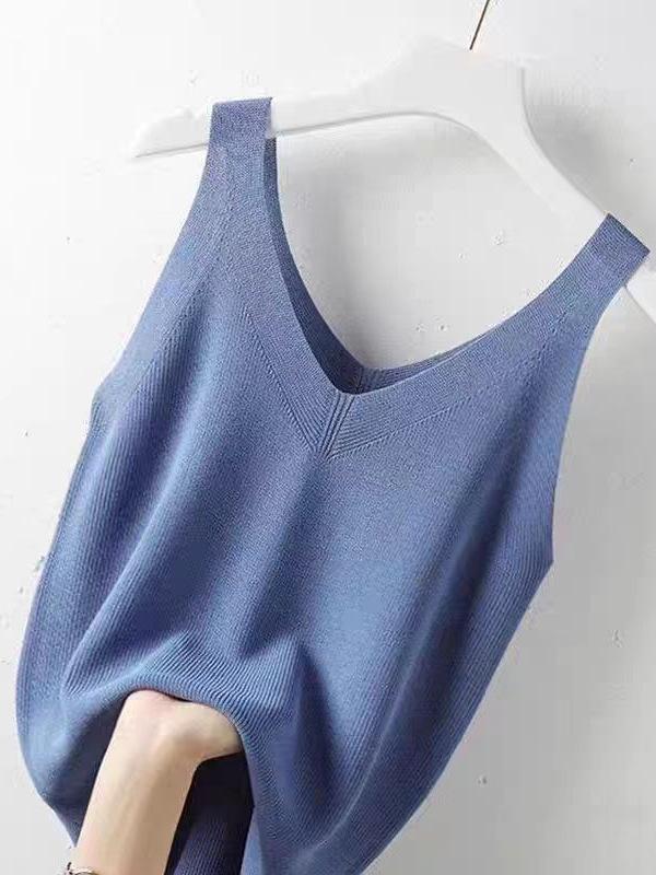 Women's V-Neck Ice Silk Knit Camisole - Sleeveless, Loose Fit, Slimming Summer Pullover.