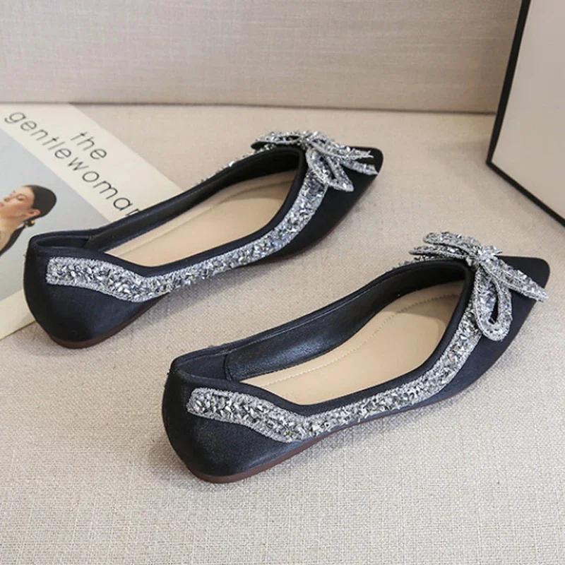 Fashion Plus Size 35-43 Autumn New Fashion Women Shoes Fashion Women Bling Crystal Bow Pointed Toe Flats Shoes Slip On Women Boat Shoes