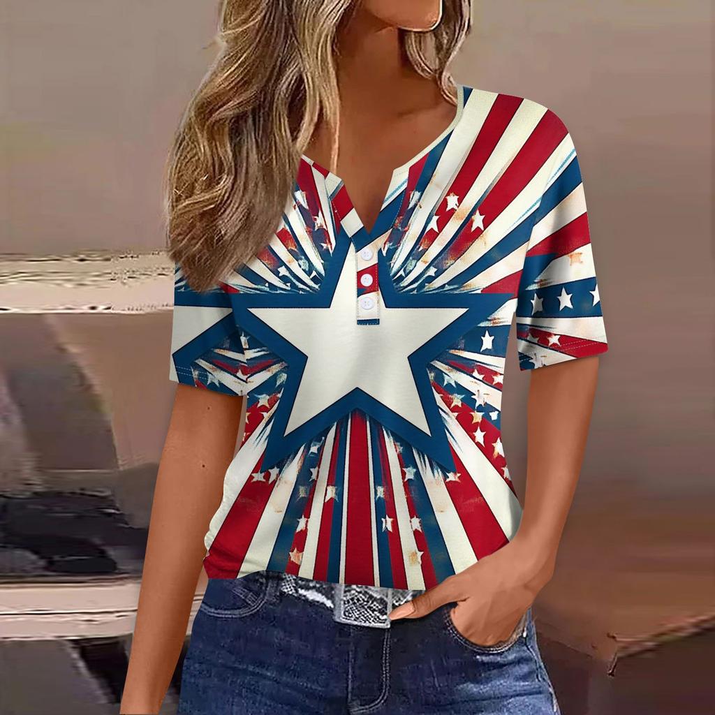 Women's T Shirt Tee Independence Day Print Button Short Sleeve Daily Weekend Fashion Basic V-Neck Regular Top