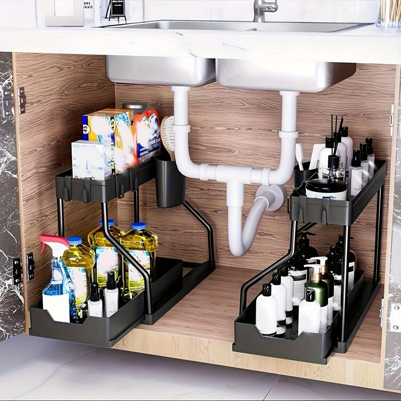 Kitchen Double Layer Storage Rack Slide-Out Spices & Cleaning Supplies Storage Shelf Cabinet Under Sink Space-Saving Organizer