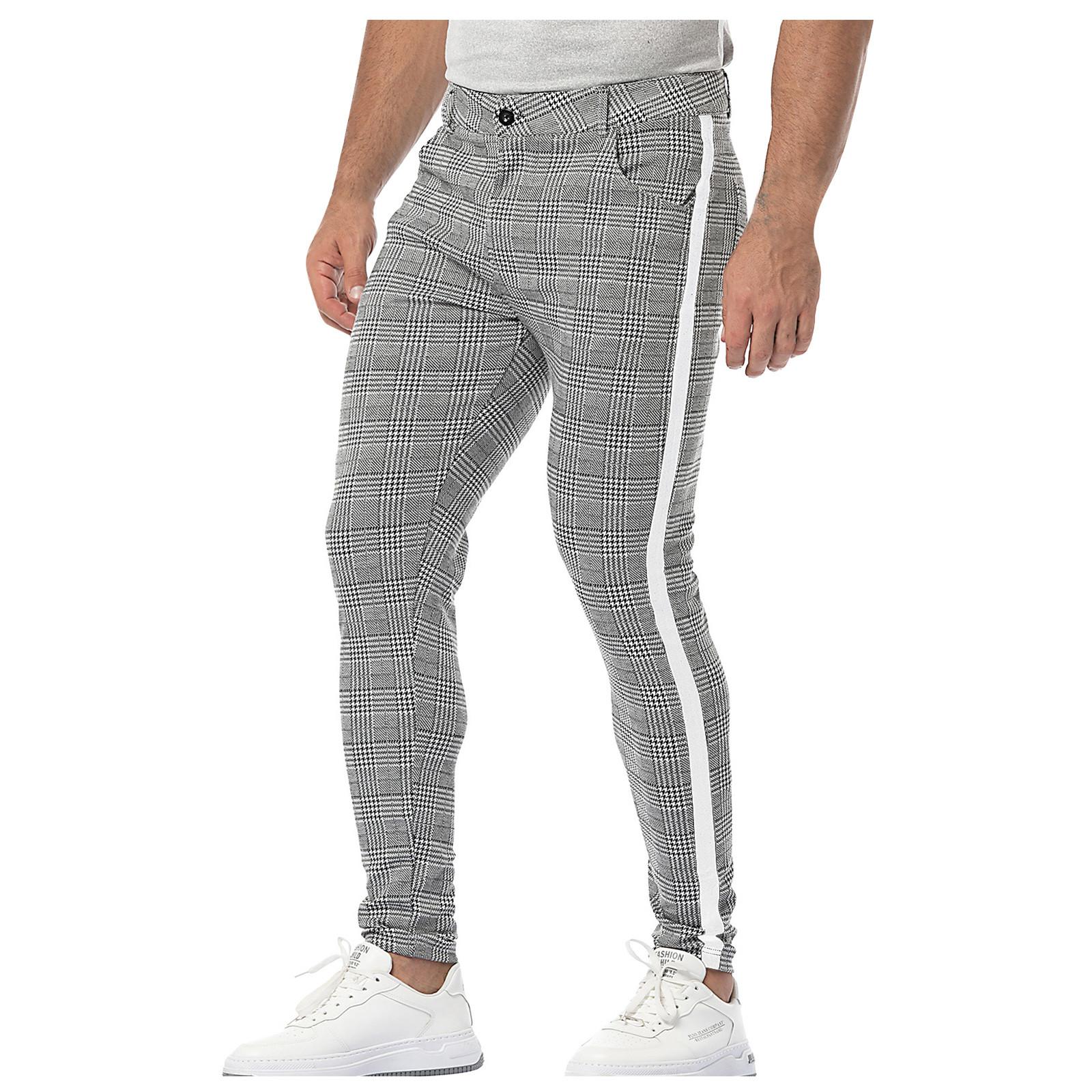 

Mens Plaid Pants Slim Tapered Fit Casual Stretch Flat-Front Expandable Waist Checkered Dress Pants M белый