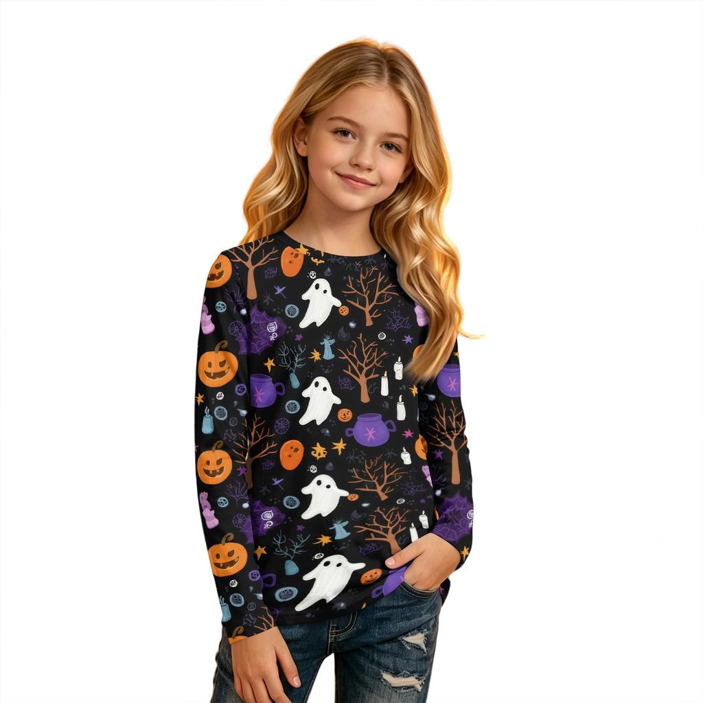 Kids Long Sleeve T-Shirt with Halloween Print, Round Neck, for Boys and Girls