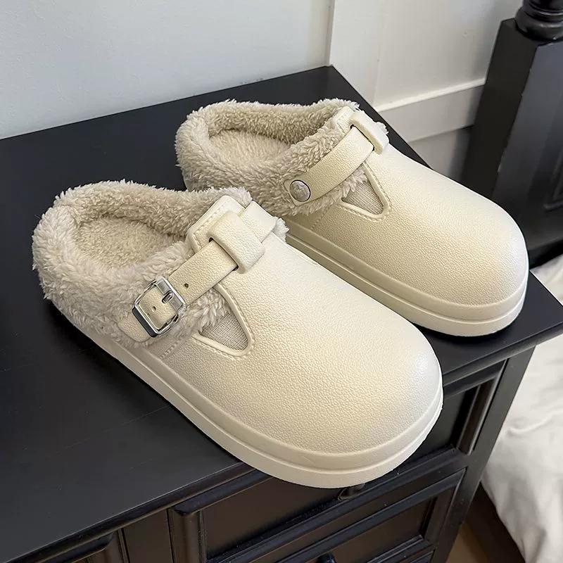 Women's Plush Slippers Winter Outdoor Thick Sole Non-slip Fur Flip Flops with Fur Collar, Warm Unisex House Shoes for Home Use