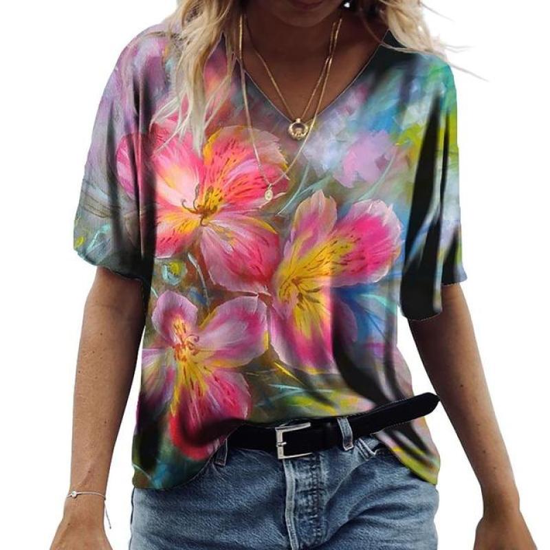 Summer Flower T-shirt Flower 3D Printed Women's V-neck Short Sleeve