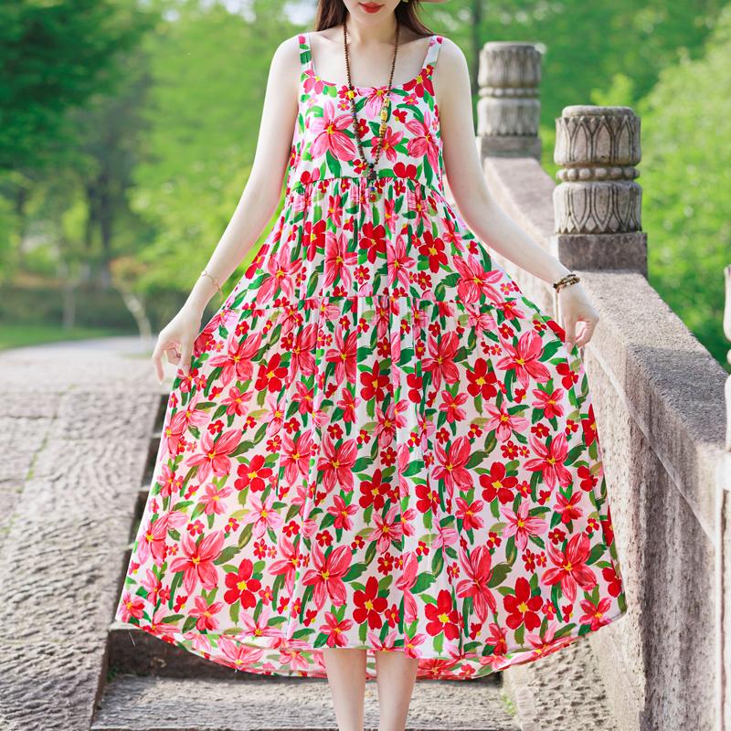 Elegant Sling Dress for Women Plus Size Casual Summer Long Dress Vintage Middle-aged Women's Clothing