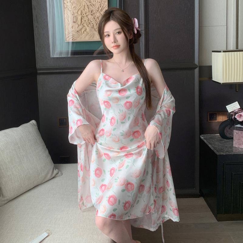 Spring and Summer Ice Silk Nightgown Sexy Suspender Women's Pajamas Thin Nightgown Printed Homewear Bathrobe Two-piece Set