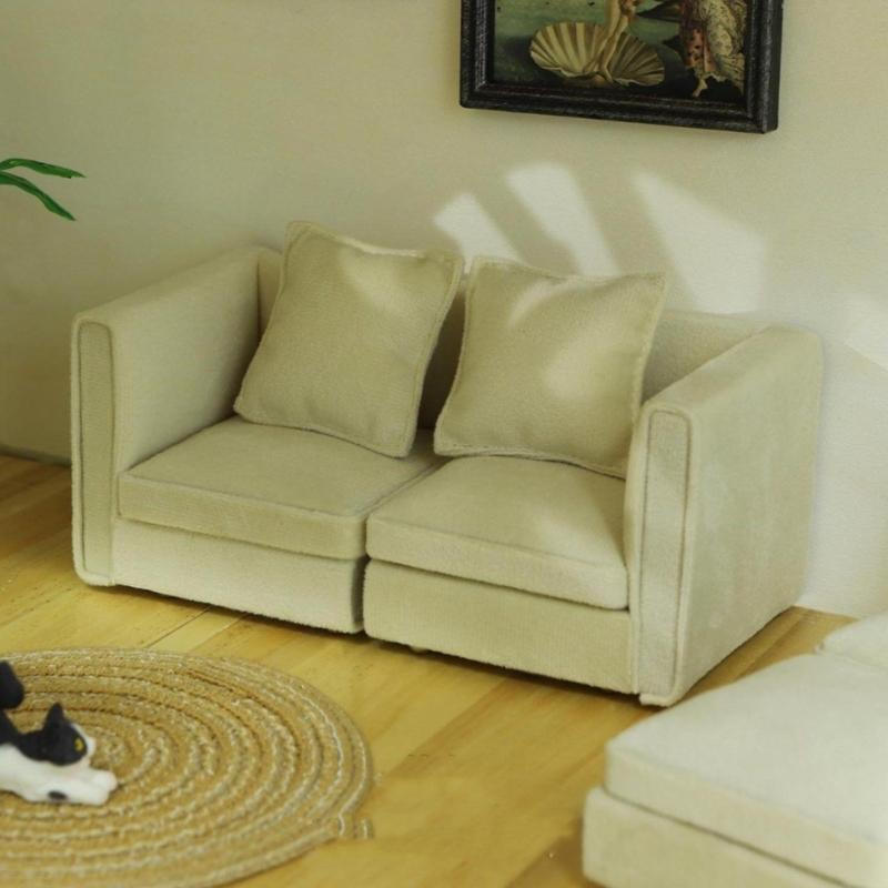 Simple Couch Mini Sofa Set Soft Fabric Dollhouses Furniture 1/12 Scale Compatible with Model Displays